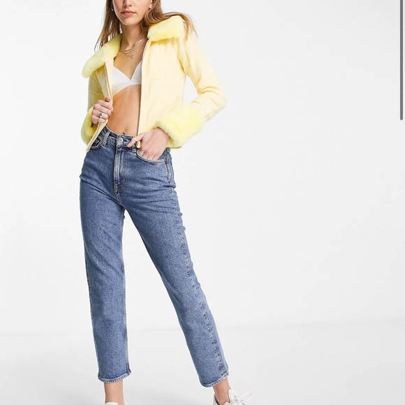 ASOS DESIGN fur trim zip-up cardigan with checkerboard stitch in yellow - Picture 9 of 9